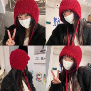 元气小红帽~日系复古百搭短檐护耳羊毛针织护耳帽保暖绑带毛线帽