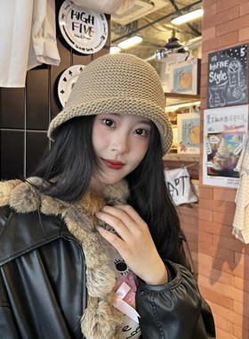 蘑gu糯糯同款！氛围感日系复古圆顶短檐卷边针织盆帽千金羊毛礼帽