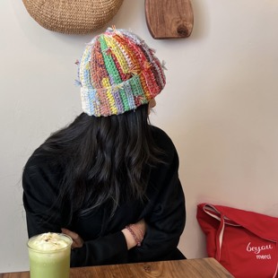 漂亮到心坎～韩国小众彩虹拼色纯手工编织粗棒针针织帽保暖毛线帽