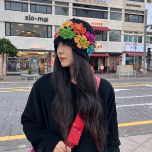 森系女神～冬季加厚仿马海花朵毛线帽子尼泊尔手工钩花包头针织帽