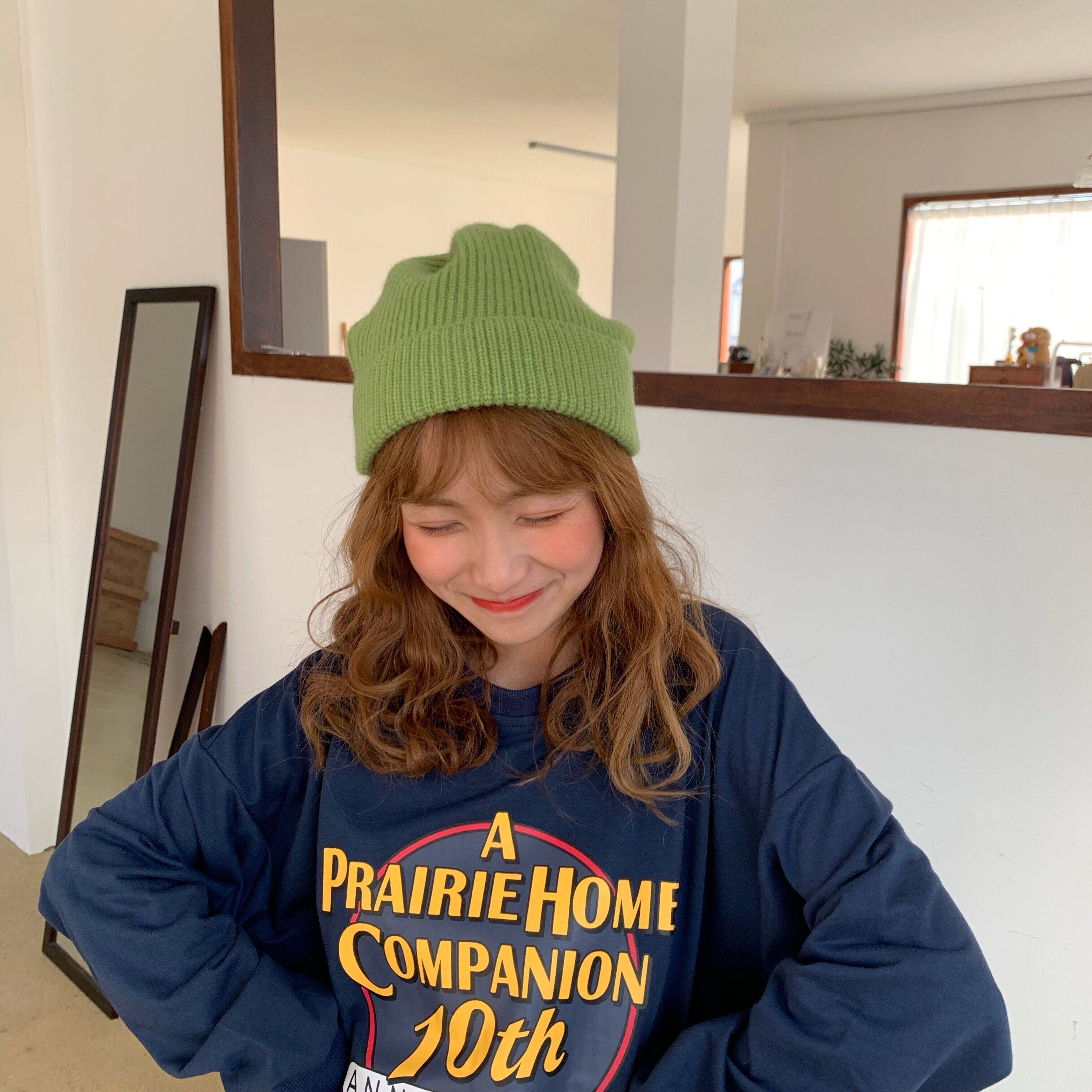 好质感显白牛油果绿色高弹力卷边糖果色毛线帽子女秋冬百搭针织帽