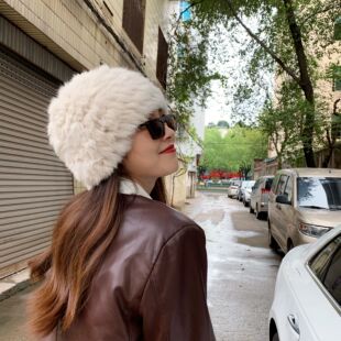 姚叔叔/古着感杏仁奶油色～vintage重工真兔毛手工编织皮草帽子女