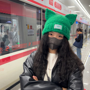 甜酷小猫～冬季百搭显脸小保暖粗棒针卷边针织帽猫咪耳朵毛线帽子