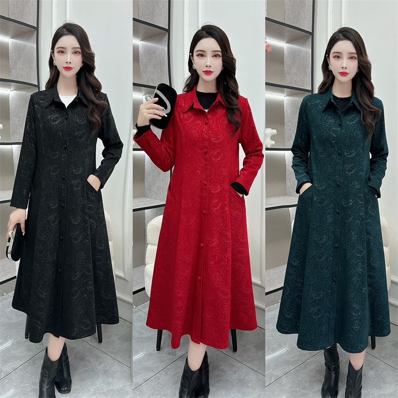 蓝思梦常规袖衬衫领长款风衣外套