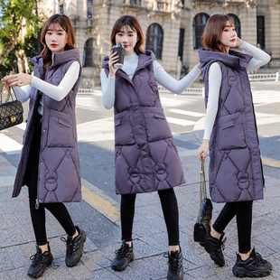 马甲女中长款新款秋冬加厚坎肩羽绒棉马夹背心修身可拆帽无袖外套