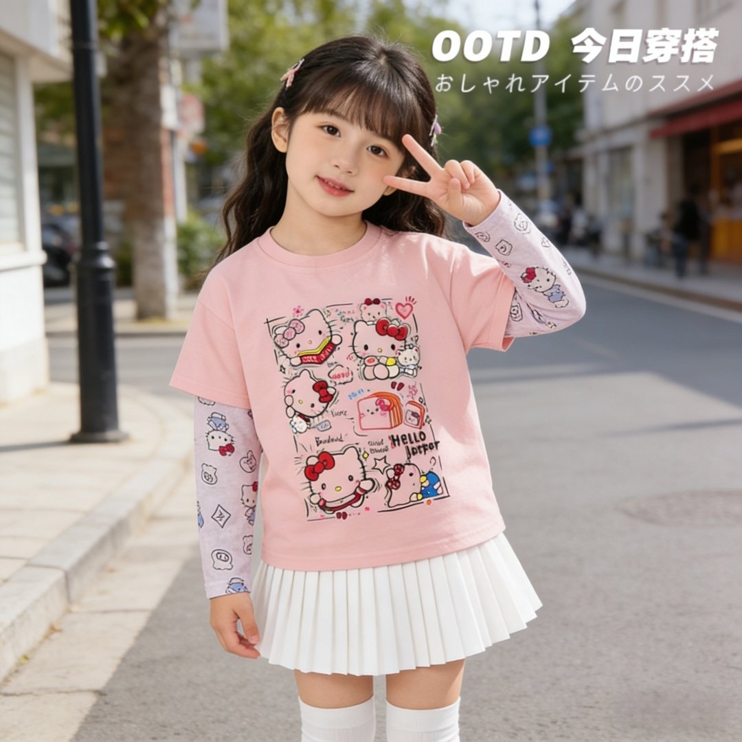 2026春款HelloKitty女童假两件长袖T恤儿童纯棉打底衫中大童上衣