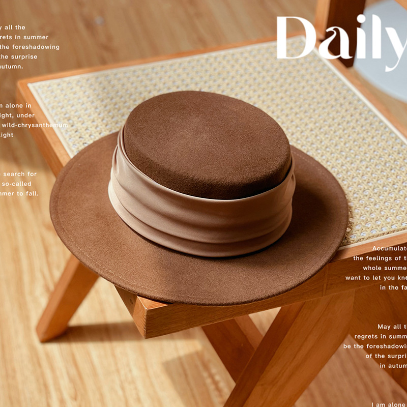 平顶帽秋冬高档澳洲羊毛宽檐保暖礼帽缎面配饰专柜品质韩版毛呢帽