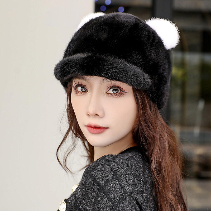 水貂皮帽子 整貂皮毛猫耳朵女帽冬季保暖护耳鸭舌帽时尚可爱百搭