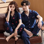 Phiên bản Hàn Quốc của bộ đồ ngủ đôi cotton ngắn tay mùa xuân và mùa thu cotton Bộ đồ ngủ nữ quần tây nam mùa hè mỏng phần dịch vụ tại nhà - Bộ Pajama