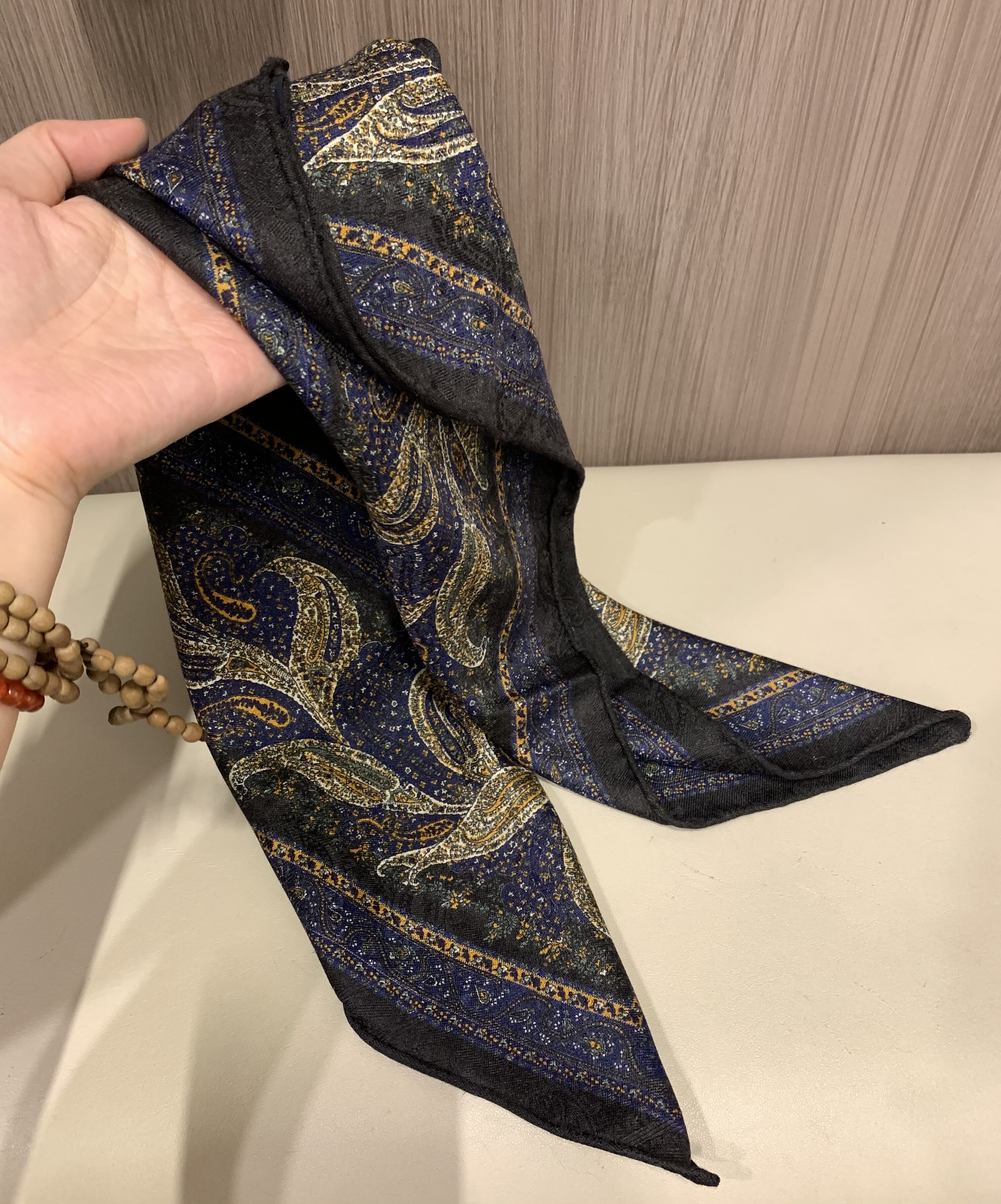 佩斯利之舞 老钱黑金配色提花丝毛围巾 百搭桑蚕丝绵羊毛双面丝巾