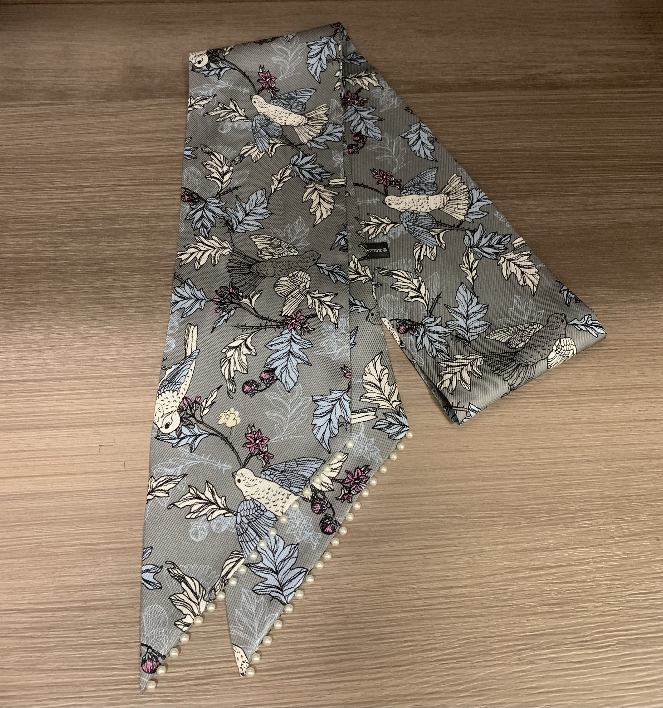 花鸟集 手工钉珠双层粗斜纹真丝丝巾 桑蚕丝领带巾140×10