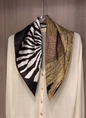 斑纹飞马黑金丝巾！真丝斜纹绸奇幻天马~100%桑蚕丝中方巾64cm