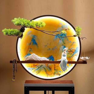 新中式禅意灯圈千里江山图摆件创意家居办公室客厅玄关桌面装饰品