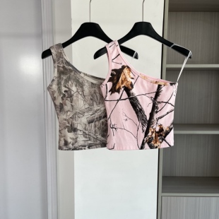 2026新款abg风斜肩吊带背心女单肩树叶印花修身显瘦个性上衣