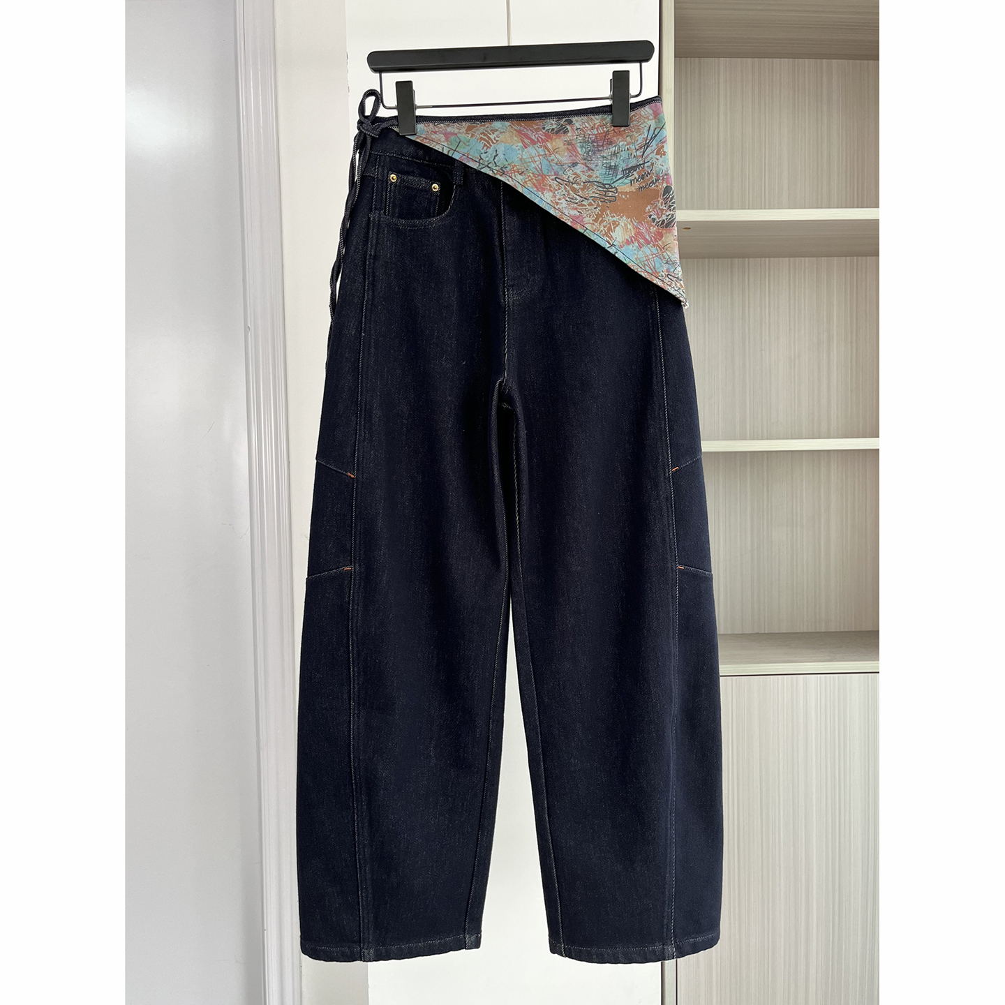 法式小众拼接阔腿牛仔裤女长裤