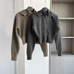 短款 新款 收腰休闲运动外套上衣 复古连帽拉链卫衣女2025早秋季 美式