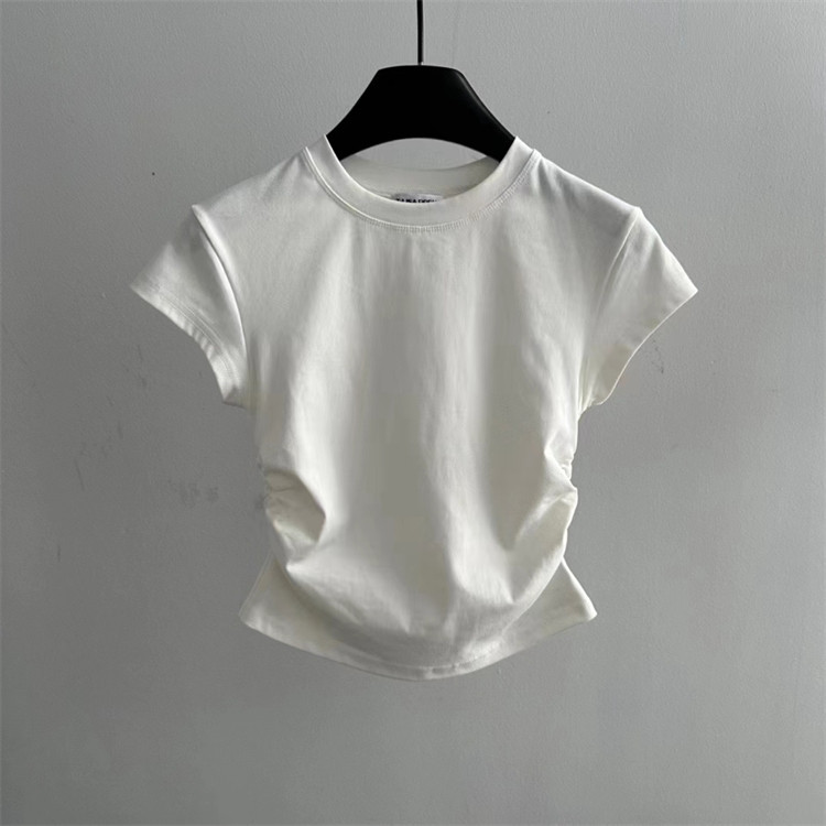 特别漂亮的掐腰上衣26秋季新款正肩缩褶圆领短袖修身短款T恤女