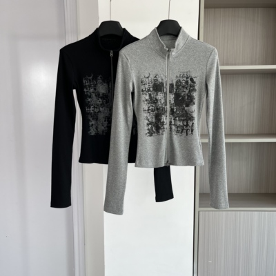 美式复古印花立领拉链显瘦T恤