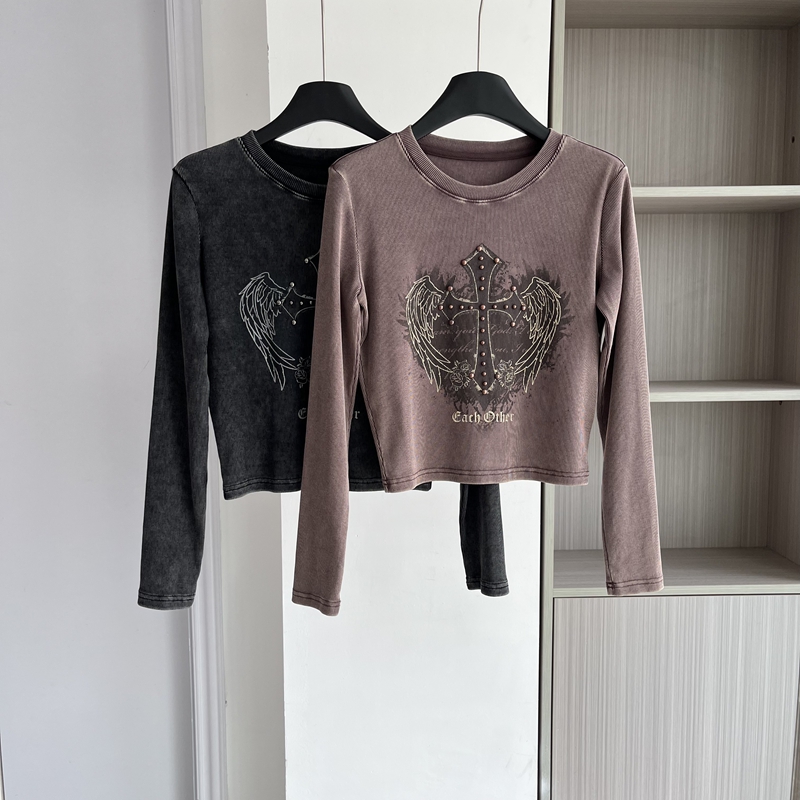 美式2025早秋季新款铆钉印花T恤时尚百搭高级感做旧打底衫上衣女