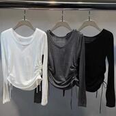 欧货早秋女装 2025新款 V领短款 美式 上衣收腰抽绳羊毛针织打底衫 T恤
