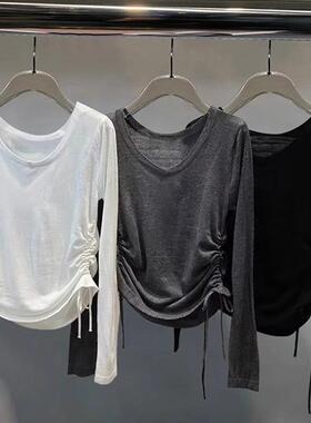 美式欧货早秋女装2026新款V领短款上衣收腰抽绳羊毛针织打底衫T恤