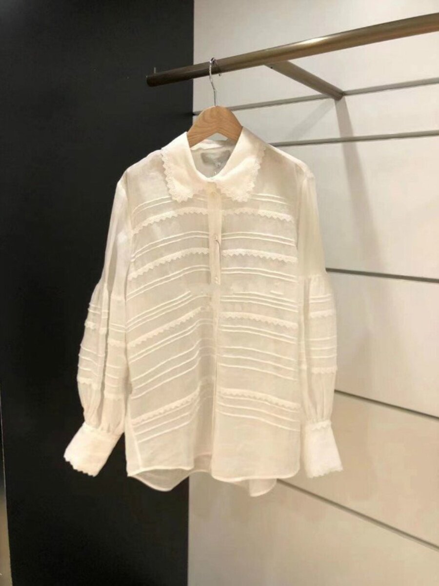 틈새 2024 봄 신상 스트라이프 레이스 긴팔 셔츠 기질 흰색 달콤한 감년 셔츠 여성 트렌드