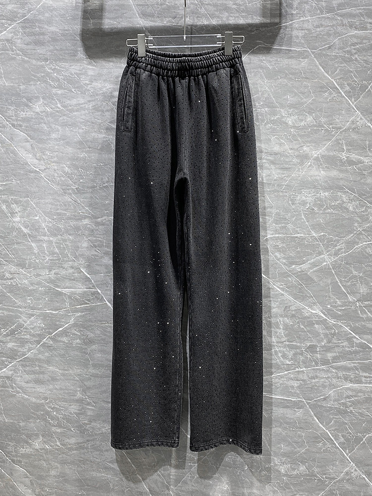 美式潮牌复古早秋女装2025新款松紧腰直筒裤烫钻宽松休闲裤子女,女装/女士精品,休闲裤,淘宝优惠券,粉丝福利购,淘宝优惠卷