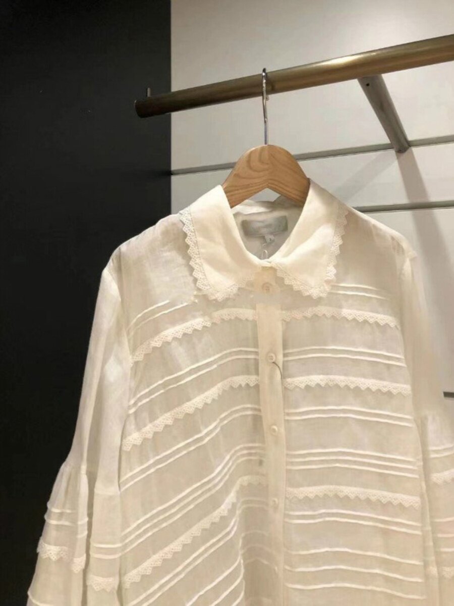 틈새 2024 봄 신상 스트라이프 레이스 긴팔 셔츠 기질 흰색 달콤한 감년 셔츠 여성 트렌드