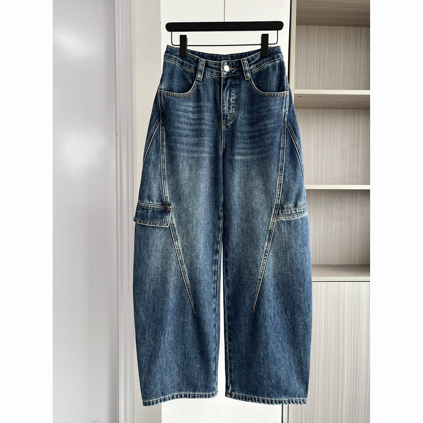 法式小众水洗工装弯刀牛仔裤女