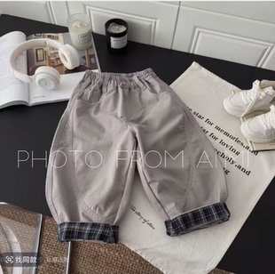 韩版 洋气休闲格子拼接女童阔腿弯刀裤 2025新款 长裤 男童秋季 童装