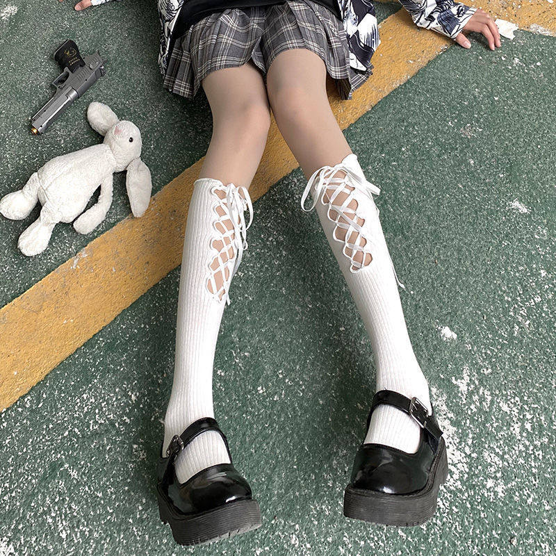 日系DIY丝质绑带蝴蝶结木耳边棉中筒袜小腿袜ins学生jk洛丽塔袜子