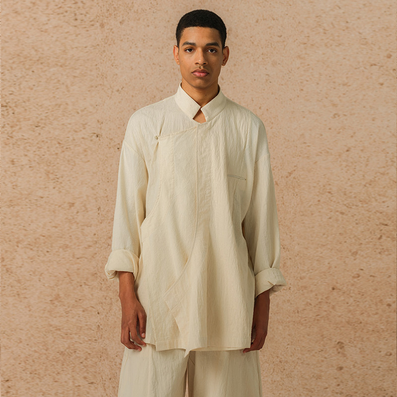 【MORIN KHUUR 牧仁】拼接叠门襟棉质宽松长袖提花衬衫