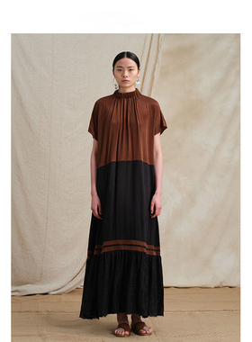 【MORIN KHUUR设计师品牌】拼色立领铜氨丝宽松长款连衣裙