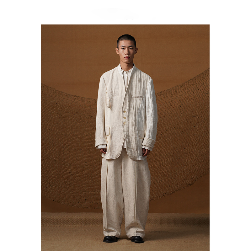 【MORIN KHUUR 设计师品牌】米白色褶皱廓形拼接高腰宽松阔腿长裤