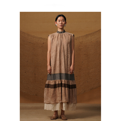 【MORIN KHUUR设计师品牌】女士立领拼色亚麻提花脏染宽松连衣裙