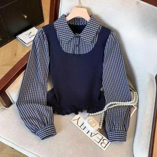 聚崇尚潮流优品洋复古格子衬q衫假两件拼接POLO领女秋冬打底加绒