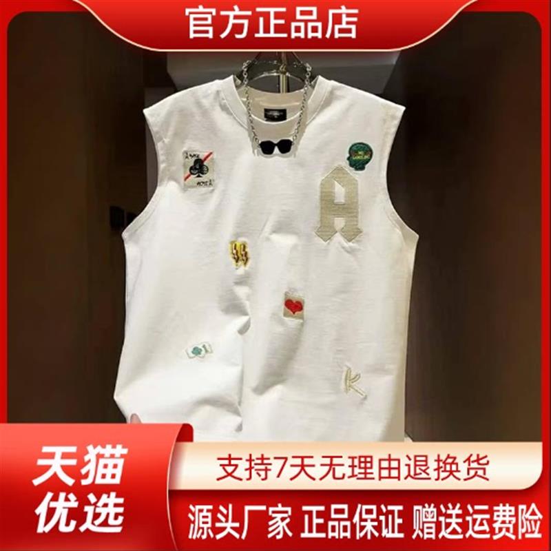 Pilotis夏新款男士潮牌卡通刺绣无袖背心休闲宽松运动坎肩绣花T恤