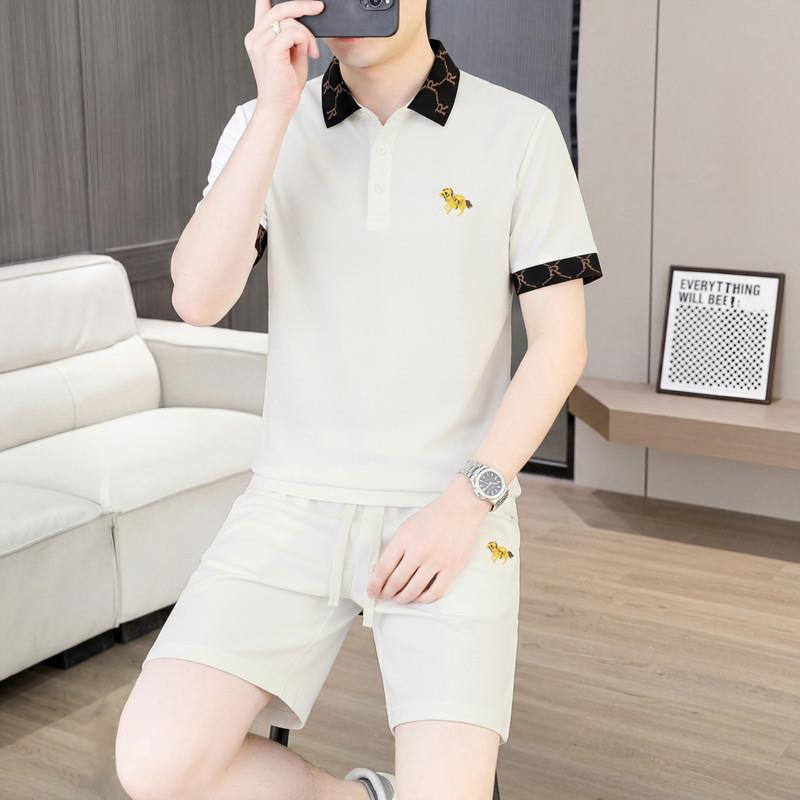 品牌男士休闲短袖套装新款潮牌修身时尚刺绣薄款短裤POLO衫两件套