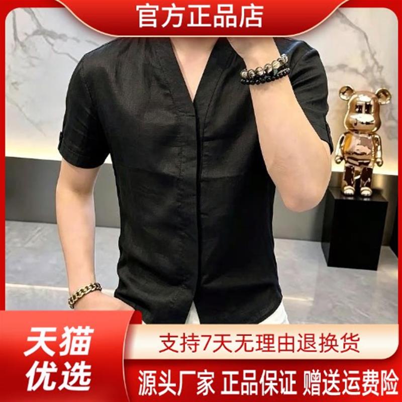 卡彬男装欧货轻奢高档夏季男士无领暗扣短袖衬衫休闲痞帅半袖衬衣