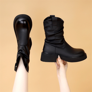 切尔西马丁靴女2025冬季新款黑色显瘦堆堆靴厚底增高显腿长小短靴
