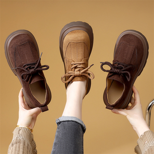 厚底翻毛皮乐福鞋女2026春季新款百搭增高休闲单鞋系带复古小皮鞋