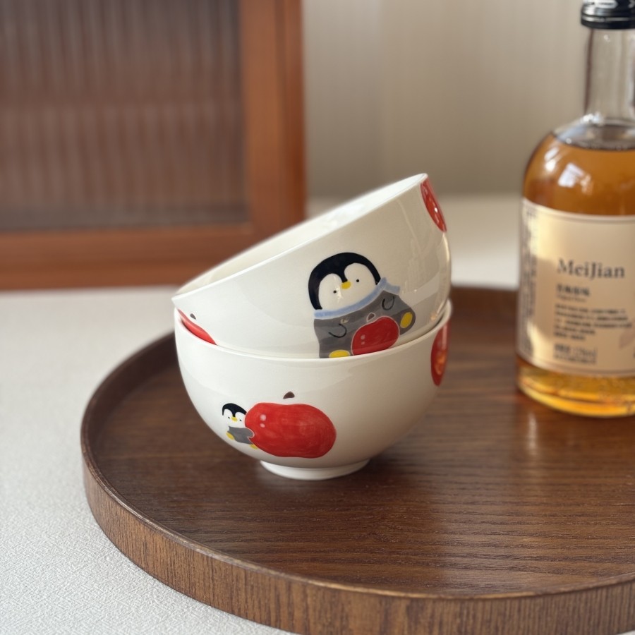 集物岛原创景德镇釉下彩手绘企鹅苹果家用吃饭陶瓷碗可爱高颜值女,餐饮具,碗,淘宝优惠券,粉丝福利购,淘宝优惠卷