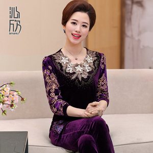 中年女装秋装长袖中老年套装金丝绒女裤老人运动套装女妈妈装冬装