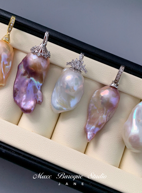 貌美天然异形超大巴洛克异形淡水紫粉珍珠项链吊坠S925纯银开口扣