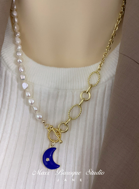 MAXC原创设计师款巴洛克异形珍珠宝蓝色月亮几何项链欧美毛衣链女