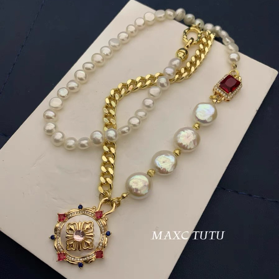 MAXC高级大气复古天然巴洛克异形淡水纽扣珍珠项链女红锆长毛衣链