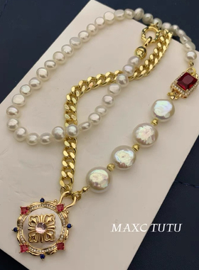 MAXC高级大气复古天然巴洛克异形淡水纽扣珍珠项链女红锆长毛衣链