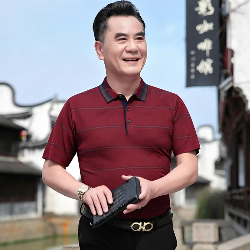 中年男士短袖冰丝翻领t恤衫本命年红色上衣服爸爸婚宴装结婚礼服