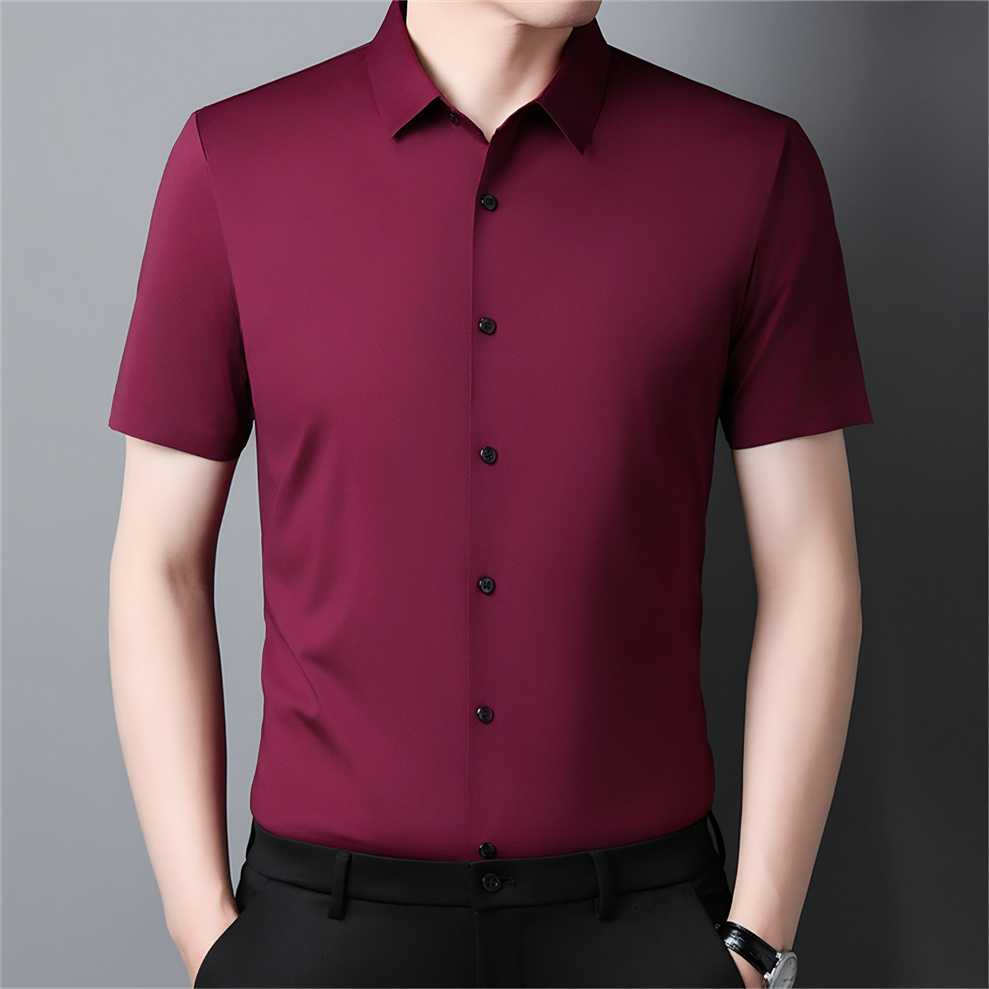 高级感中年男士短袖衬衫喜公公爸爸婚宴装结婚礼服本命年红色衬衣