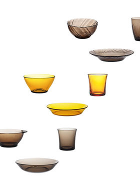 法国进口DURALEX多莱斯单人餐具3件彩色钢化玻璃水杯饭碗菜盘